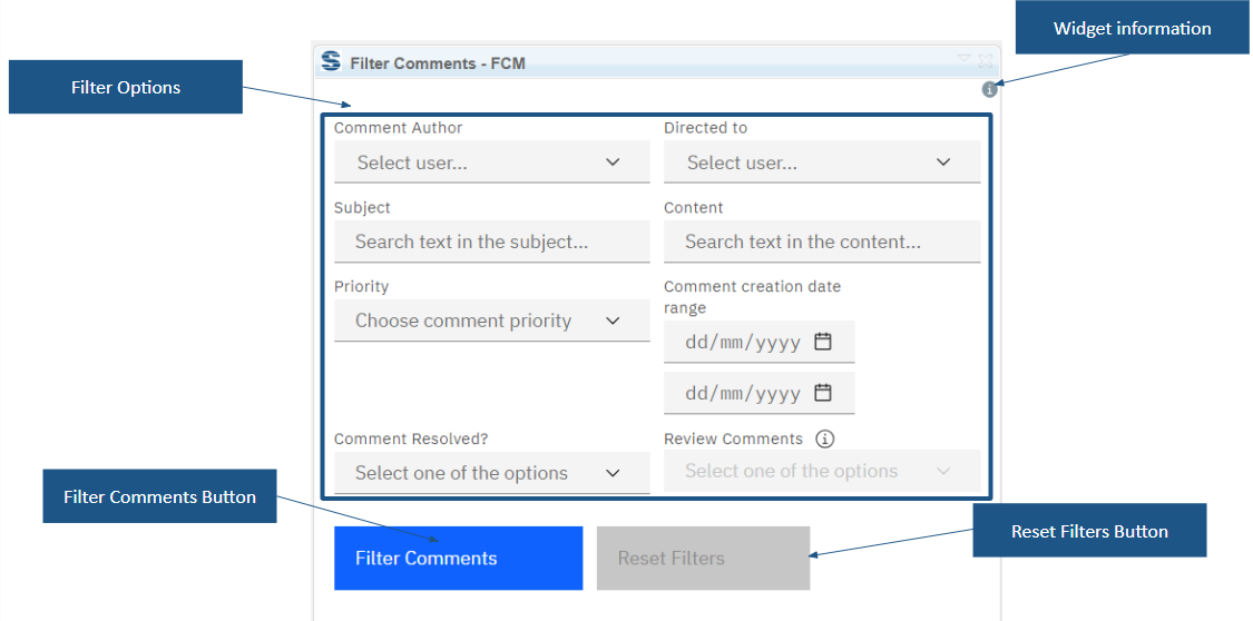 Widget UI = Widget information, filter options, filter comments button, reset filters button